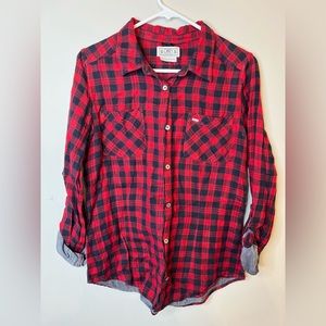 ⭐️2/$18 ObeybPropaganda Red Plaid Flannel Button Down Shirt sz L Women's Grunge